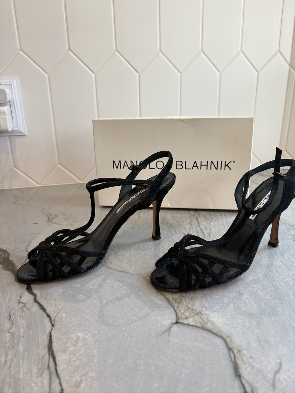 Manolo Blahnik Black Strappy Suede Stiletto Heels size 40 (10)